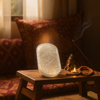 Close-up of White Selenite Charging Plate with Crystal Cluster